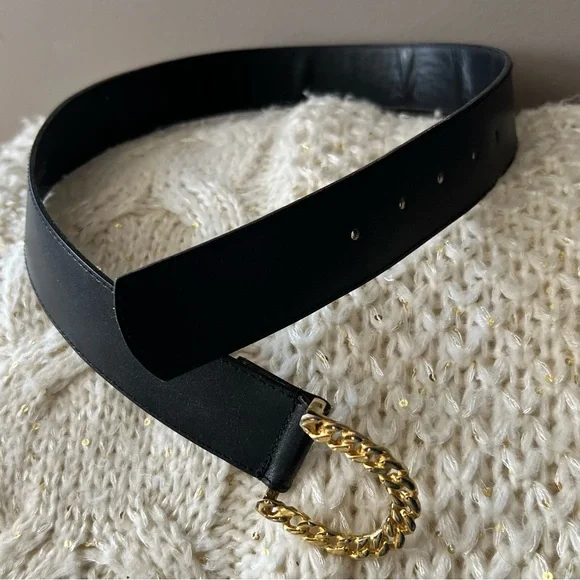 Vintage GORBANI Genuine Leather GOLD CURB CHAIN LOOK Elegant BLACK BELT M - Picture 4 of 16